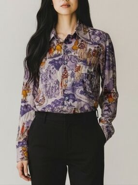 Vintage 70s Race Tracks Print! Bonds Knit Collection Button Up Shirt Top